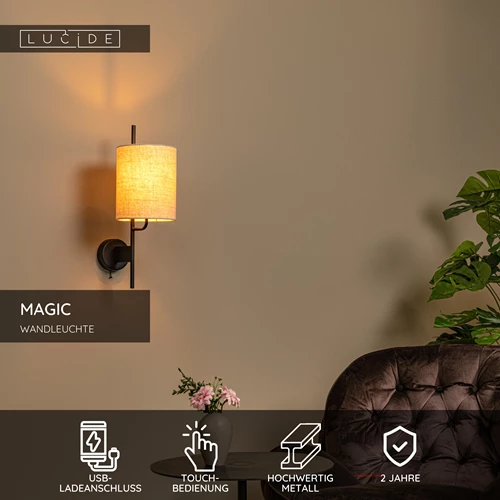Lucide MAGIC - Wandleuchte - 1xE27 - Mit USB-Ladepunkt - Schwarz - USP